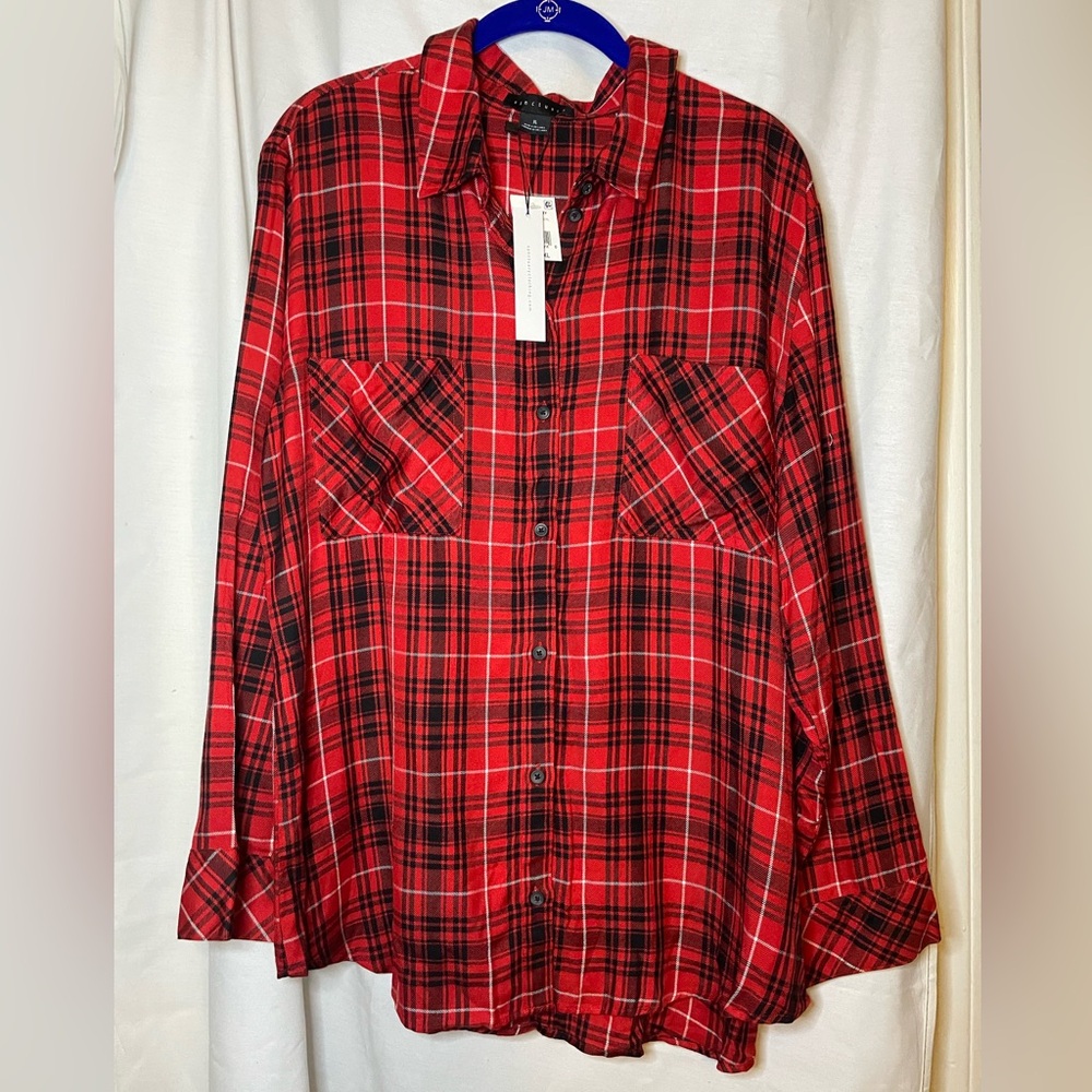 NWT Sanctuary Red and Black Plaid Printed Button Down Very Long Shirt Size XL